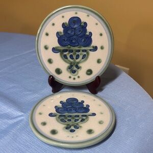 M.A. Hadley Pottery Blueberry Bouquet Trivet/Wall Hanging 6.5” set of 2